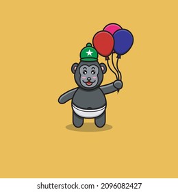 Cute Baby Gorilla Bring Balloons. Character, Mascot, Icon, Logo, Cartoon and Cute Design. Vector and Illustration.