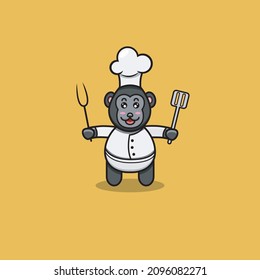Cute Baby Gorilla With Chef Costume. Character, Mascot, Icon, Logo, Cartoon and Cute Design. Vector and Illustration.