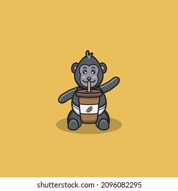 Cute Baby Gorilla With Coffee Cup. Character, Mascot, Icon, Logo, Cartoon and Cute Design. Vector and Illustration.