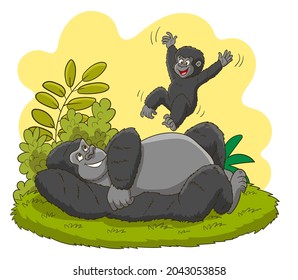  of cute baby gorilla playing with his father.gorilla family having a happy day isolated vector illustration