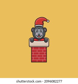 Cute Baby Gorilla With Santa Clause Costume and On House Chimney. Character, Mascot, Icon, Logo, Cartoon and Cute Design. Vector and Illustration.