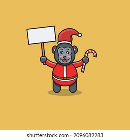 Cute Baby Gorilla With Santa Clause Costume, Bring Blank Banner and Candy. Character, Mascot, Icon, Logo, Cartoon and Cute Design. Vector and Illustration.