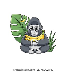 A cute baby gorilla sits in front of a large leaf and holds a banana. The character has a happy face and friendly eyes. Flat vector mascot illustration.