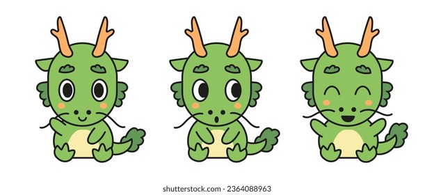 Cute baby green Chinese dragon icon set. Symbol of 2024. New Year animal horoscope Zodiac sign. 