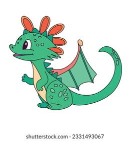 Cute Baby Green Dragon Sitting Cartoon Vector Icon Illustration. Animal Nature Icon Concept Isolated Premium Vector. Flat Cartoon Style