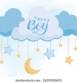 Cute baby greeting card it's a boy with blue sky elements including clouds and yellow stars, perfect for baby shower and birth announcement