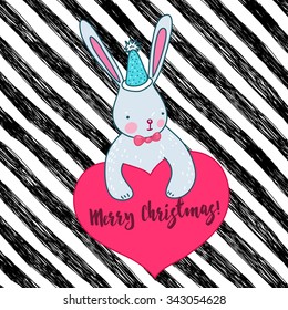 Cute baby greeting card with the Christmas rabbit and heart and black stripes background