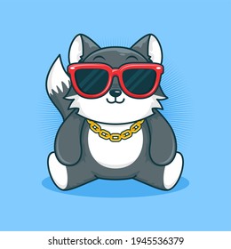 Cute baby grey wolf with glasses, cartoon character illustration.