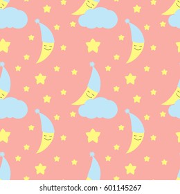 Cute baby half moon pattern vector seamless. Kids print with crescent in nightcap on cloud and with stars. Background for birthday card, fabric or wallpaper, baby shower invitation template.