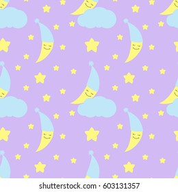 Cute baby half moon pattern vector seamless. Girl print with crescent in nightcap on cloud and with stars. Background for birthday card, fabric or wallpaper, baby shower invitation template.
