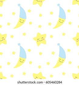 Cute baby half moon pattern vector seamless. Kids print with crescent in nightcap and eyelash stars. White background for birthday card, fabric or wallpaper, baby shower invitation template.