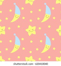 Cute baby half moon pattern vector seamless. Girl print with crescent in nightcap and eyelash stars. Pink background for birthday card, fabric or wallpaper, baby shower invitation template.