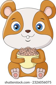 Cute baby hamster with bowl of food