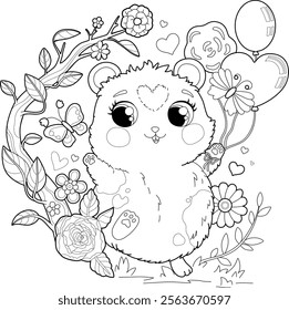 Cute baby hamster coloring page for kids. Happy hamster with balloons and floral elements.