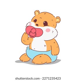 Cute baby hamster with pacifier vector cartoon character isolated on a white background.