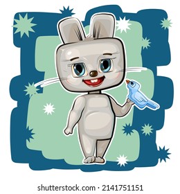 Cute baby Hare friendly with the bird. Funny little animal. On abstract backdrop. Illustration for children. Isolated over white background. Vector.