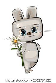 Cute baby Hare holding out a chamomile flower. Funny animal baby. Illustration for children. Isolated over white background. Vector.