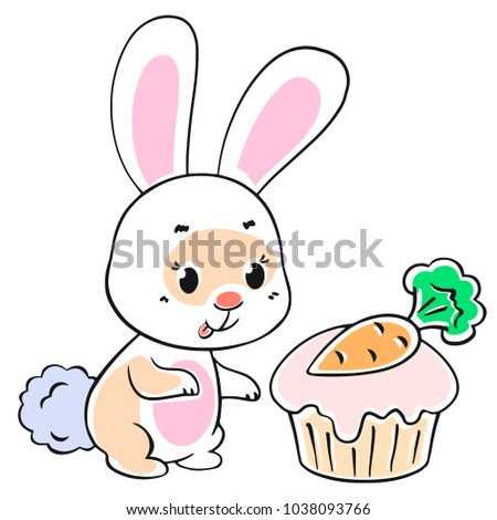 cute baby hare looking at a cake eating on a white background, vector illustration.