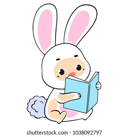 cute baby hare is reading on white background, vector illustration. Back to school. Easter holiday