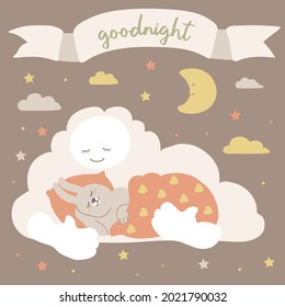 Cute baby hare is sleeping in clouds. Sweet dreams. Poster with character in flat style.