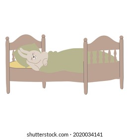 Cute baby hare is sleeping in his bed. Happy sweet little boy. Concept with character in flat style.