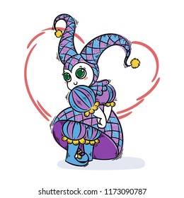 Cute baby in harlequin costume. Vector cheerful clown illustration.
