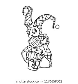Cute baby in harlequin costume. Vector cheerful clown illustration.