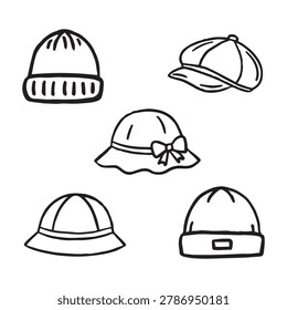 Cute baby hat doodle collection with beanie, cap, bucket hat, and sun hat in hand drawn outline style for nursery, baby fashion, and kids design.