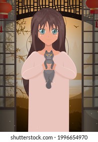 Cute baby having a pet friend to play with. Happy girl holding a cat in her arms. Cartoon anime style. Vector.