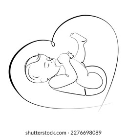 Cute Baby en un dibujo de arte de la línea de corazón Arte minimalista, plantilla para logotipos, signos, iconos y tarjetas de diseño, invitaciones y productos para bebés ilustraciones vectoriales.Diseño continuo de línea recién nacido masticando su pie