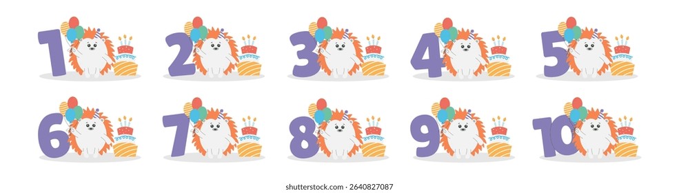 Cute baby hedgehog character,balloons,cake with candles,numbers from 1 before 10 vector set. Beautiful elements for Kids Birthday Party invitation,greeting card,poster,cake toppers design