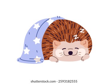 Cute baby hedgehog sleeps, has a rest at night. Asleep happy little animal lying under blanket. Tired prickly character naps, relaxes and smiles. Flat isolated vector illustration on white background