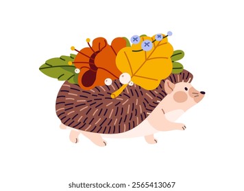 Cute baby hedgehog walks, carries faded autumn leaves, dry flower, berries on needles. Happy prickly animal strolls with fall foliage, leafage. Flat isolated vector illustration on white background