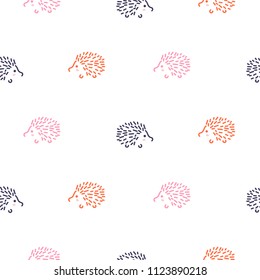 Cute baby hedgehogs seamless vector pattern. Simple childish forest animals fabric print background.