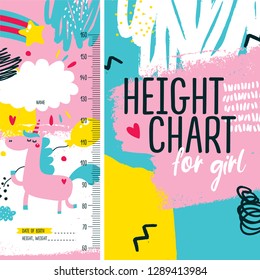 Cute Baby Height Chart Meter For Little Girl With Unicorn, Star, Rainbow, Heart, Ball, Clouds, Joy, Decor, Poster, Kid