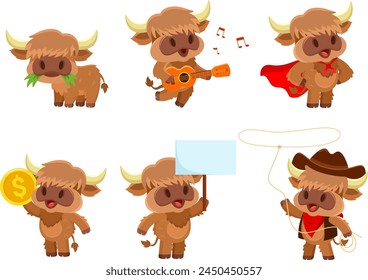 Cute Baby Highland Cow Cartoon Character. Vector Flat Design Collection Set Isolated On Transparent Background