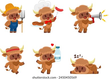 Cute Baby Highland Cow Cartoon Character. Vector Flat Design Collection Set Isolated On Transparent Background