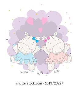 Cute baby hippo ballerina dancing cartoon hand drawn vector illustration. Can be used for baby t-shirt print, fashion print design, kids wear, baby shower celebration greeting and invitation card.