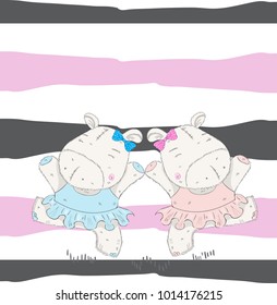 Cute baby hippo ballerina dancing cartoon hand drawn vector illustration. Can be used for baby t-shirt print, fashion print design, kids wear, baby shower celebration greeting and invitation card.