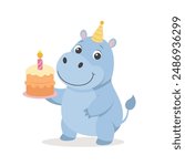 Cute baby hippo with a cake in a party hat. Happy birthday to children. Illustration for kids, card, print for clothes