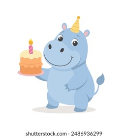 Cute baby hippo with a cake in a party hat. Happy birthday to children. Illustration for kids, card, print for clothes