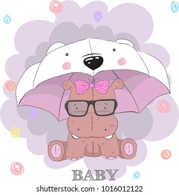 Cute baby hippo cartoon hand drawn vector illustration. Can be used for baby t-shirt print, fashion print design, kids wear, baby shower celebration, greeting and invitation card.
