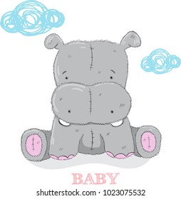 Cute baby hippo cartoon hand drawn vector illustration. Can be used for baby t-shirt print, fashion print design, kids wear, baby shower celebration, greeting and invitation card.