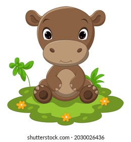 Cute baby hippo cartoon sitting in grass
