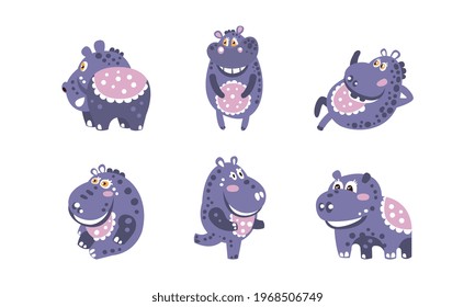 Cute Baby Hippo Collection, Lovely Hippopotamus Different Poses Decoration Element Cartoon Vector Illustration