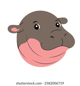 Cute baby hippo face, smiling African animal. Hand drawn isolated vector illustration