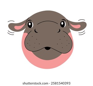 Cute baby hippo face. Wild African hippopotamus. Hand drawn in flat design isolated vector illustration