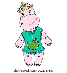 Cute baby hippo girl cartoon hand drawn illustration. Can be used for baby t-shirt print, fashion print design, kids wear, baby shower celebration greeting and invitation card.