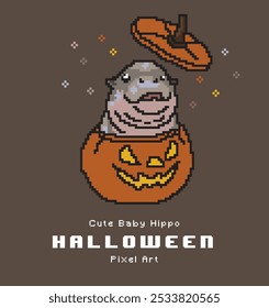 Bebê bonito Hippo em Feliz Halloween Pixel Art Style - Abóbora