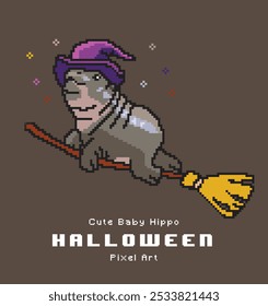 Bebê bonito Hippo em Feliz Halloween Pixel Art Style - Bruxa